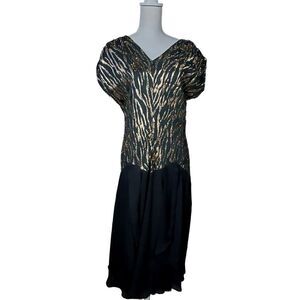 Vintage John Roberts Cocktail Maxi Dress Size Medium Black Gold Metallic 80's